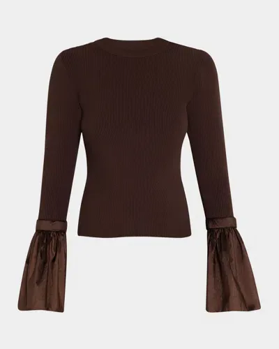 Simkhai Agata Flared-sleeve Fitted Knit Top In Chocolate