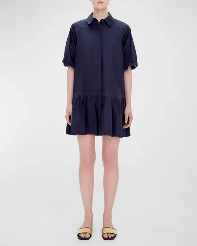 Simkhai Crissy Puff-sleeve Cotton Poplin Mini Shirtdress In Midnight