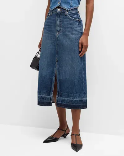 Simkhai Della Release-hem Denim Midi Skirt In Faded Hem Detail