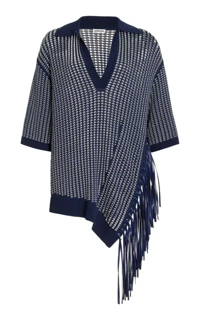 Simkhai Melina Fringed Asymmetric Knit Polo Top In Navy