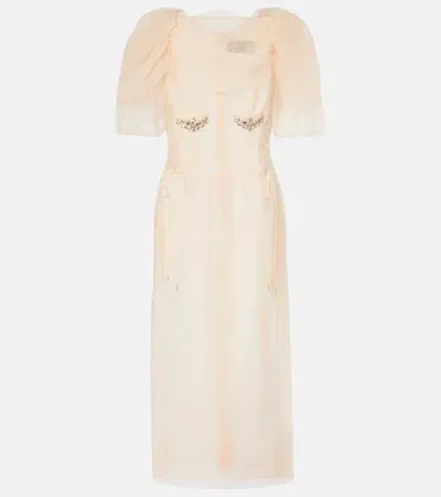 Simone Rocha Embellished Ruched Mesh Midi Dress In Nude