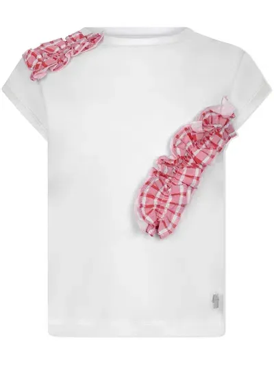 Simonetta Kids' Check-print Ruffle T-shirt In White