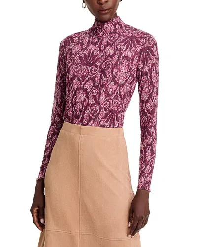 Single Thread Printed Mesh Mock Neck Top In Pomegranate