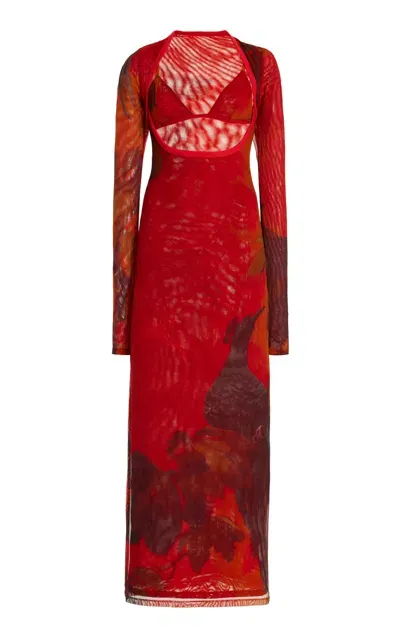 Sir Libertine Cutout Printed-mesh Maxi Dress In Red