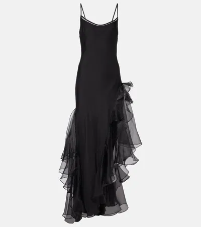 Sir Sage Flounce Ruffled Sheer Silk Maxi Dress In Black