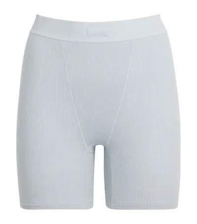 Skims Stretch-cotton Ribbed Boxer Shorts In Blue