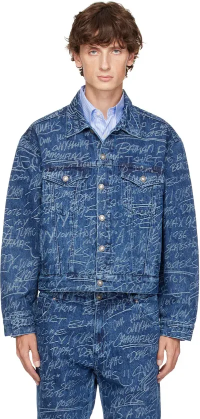 Sky High Farm Workwear Navy Ks Graffiti Denim Jacket In Dark Blue