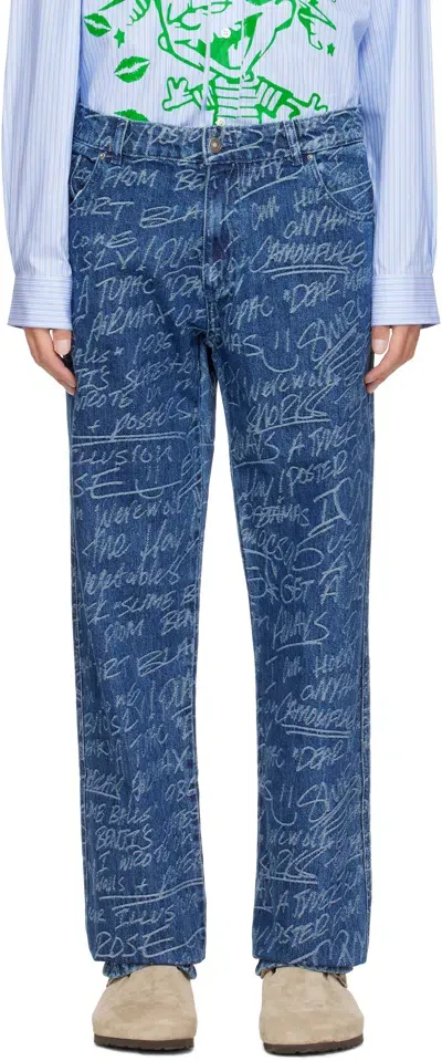 Sky High Farm Workwear Navy Ks Graffiti Straight Leg Jeans In Dark Blue