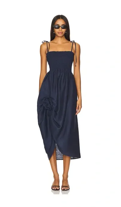 Sleeper Atlanta Linen Strap Dress With Rose Detail In Navy