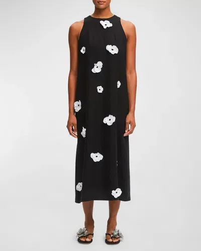 Sleeper The Bloom Floral Applique Linen Midi Dress In Black