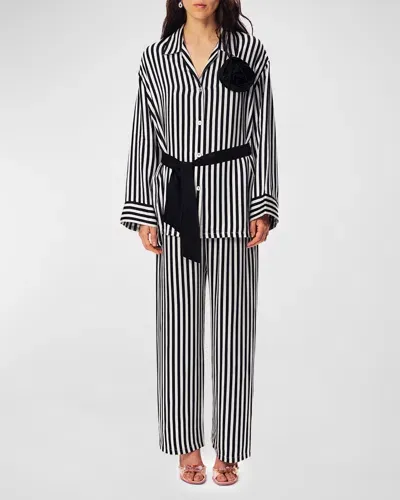 Sleeper The Rose Oversized Striped Satin Pajama Set In Black