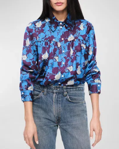 Smythe Floral Shirred Point-collar Blouse In Lapis Floral