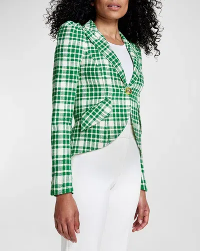 Smythe Pouf-sleeve One-button Cutaway Blazer In Green Plaid