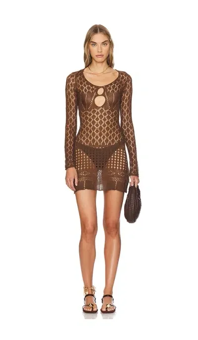 Sndys Long Sleeve Crochet Mini Dress In 巧克力色