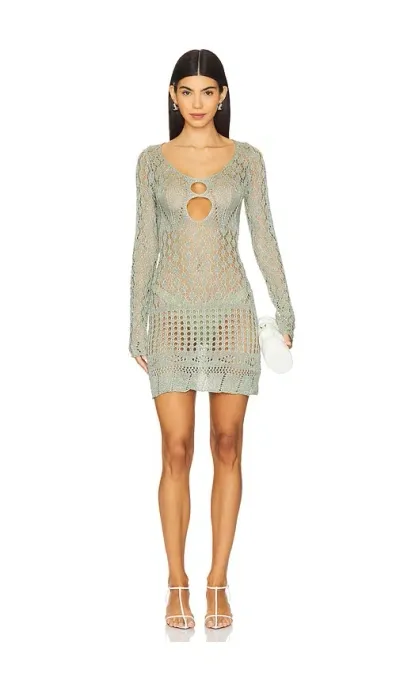 Sndys Long Sleeve Crochet Mini Dress In Green Shimmer