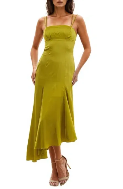 Socialite Asymmetric Hem Satin Dress In Golden Chartreuse