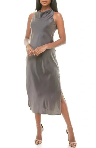 Socialite Cowl Neck Bias Cut Satin Midi Dress In Charcoal Grey