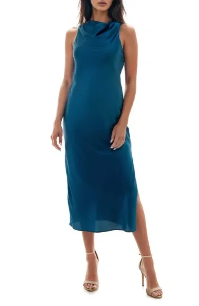 Socialite Cowl Neck Bias Cut Satin Midi Dress In Deep Dive