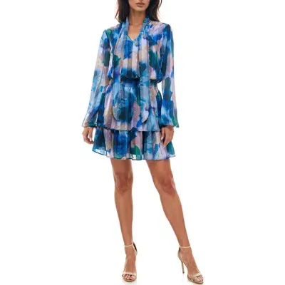 Socialite Floral Metallic Stripe Long Sleeve Tiered Clip Dot Minidress In Blue/pink