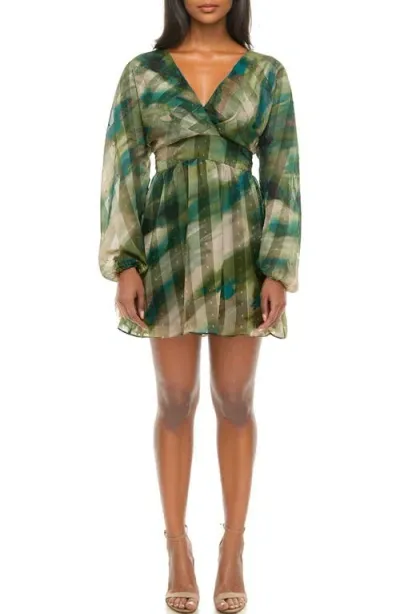 Socialite Metallic Long Sleeve Minidress In Green Shadow Stripe