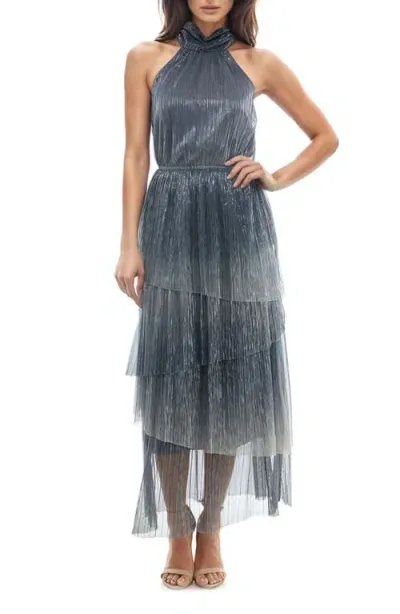 Socialite Metallic Tiered Crinkle Maxi Dress In Silver/navy