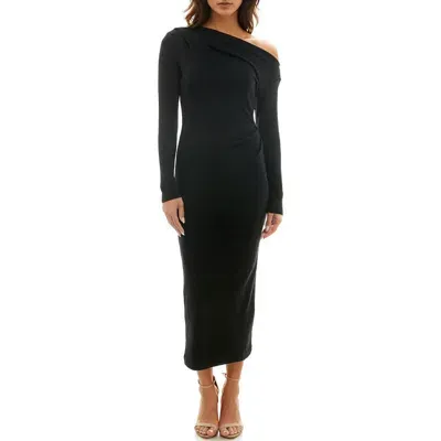 Socialite One-shoulder Long Sleeve Rib Body-con Dress In Black