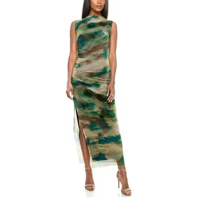 Socialite Ruched Sleeveless Mesh Dress In Olive/teal