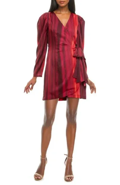 Socialite Stripe Long Sleeve Satin Wrap Dress In Red Ombre