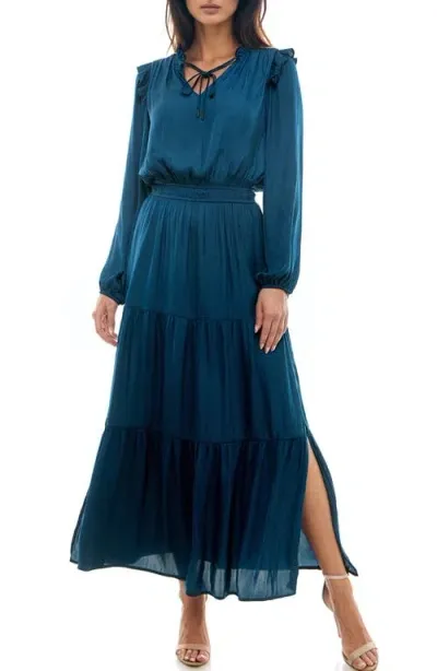 Socialite Tie Neck Long Sleeve Maxi Dress In Navy