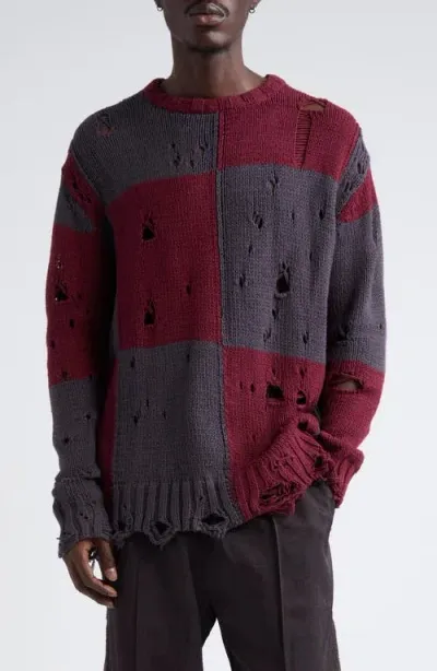 Song For The Mute Checker Oversize Distressed Sweater In Burgundy/charcoal