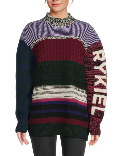 Sonia Rykiel Patchwork Knitted Wool Jumper In Purple Red Multi