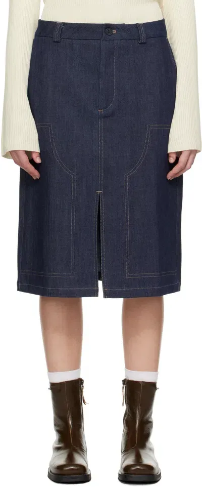 Soulland Navy Deen Denim Midi Skirt In Indigo