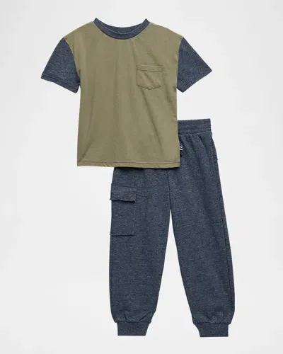 Splendid Kids' Boy's Two-piece Colorblock T-shirt & Joggers In Olive