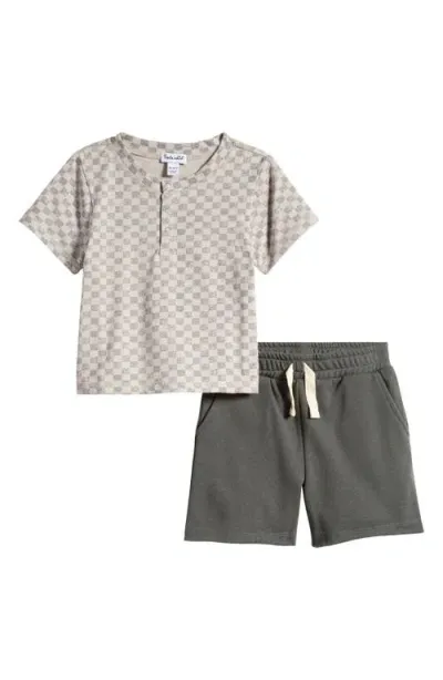 Splendid Babies'  Checkered Henley & Drawstring Shorts Set In Stone Checker