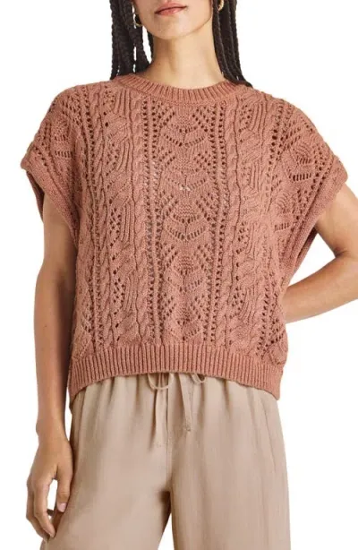 Splendid Darra Open Stitch Short Sleeve Sweater In Teak