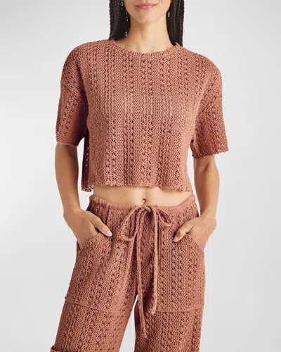 Splendid Finley Crochet Short-sleeve Crop Top In Brown