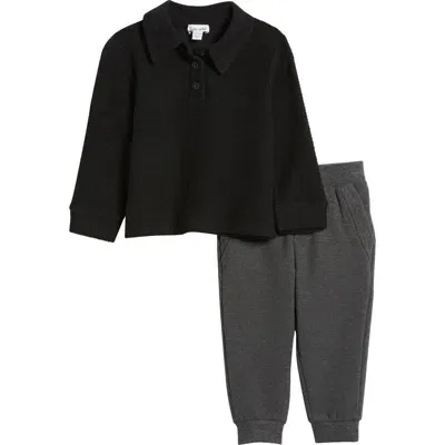 Splendid Babies'  Waffle Knit Long Sleeve Polo & Joggers Set In Black