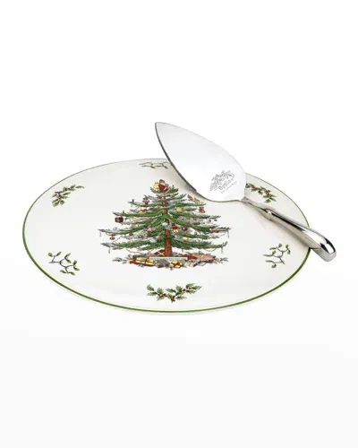 Spode Christmas Tree Cake Plate & Server Set In Green