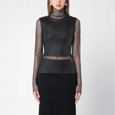 Sportmax Black Mesh Turtleneck Sweater With Rhinestones In White