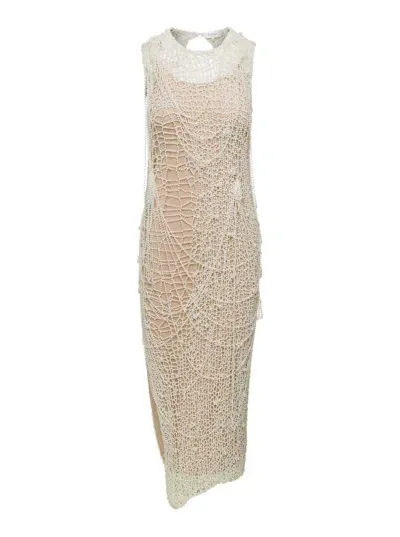 Sportmax Maxi White Dress With String Of Pearls In Crochet Woman