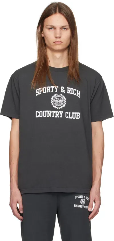 Sporty And Rich Black Varsity Crest T-shirt In Faded Black