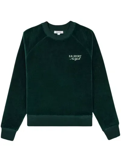 Sporty And Rich Logo-embroidered Velour Sweatshirt In Green