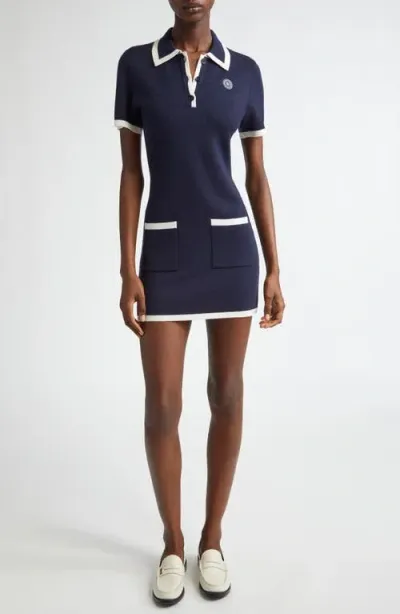 Sporty And Rich Sporty & Rich Tipped Short Sleeve Merino Wool Sweater Dress In Navy