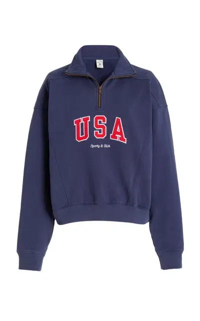 Sporty And Rich Usa Half-zip Cotton Sweatshirt In Navy