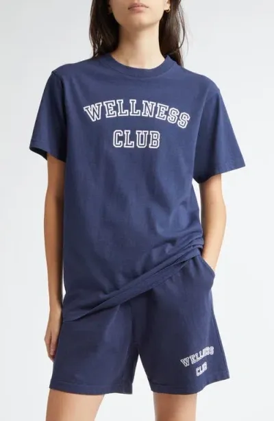 Sporty And Rich Sporty & Rich Wellness Club Flocked Cotton Graphic T-shirt In Navy