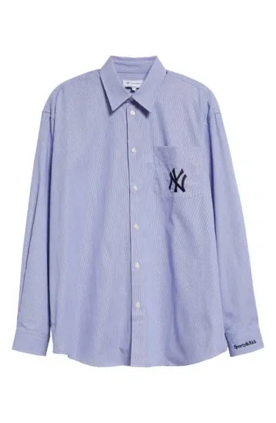 Sporty And Rich Sporty & Rich Yankees Serif Cotton Oversize Button-up Shirt In White & Light Blue