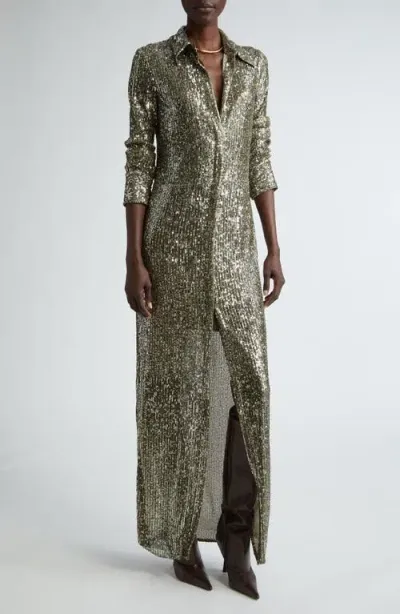 St John St. John Collection Sequin Embroidered Long Sleeve Shirtdress In Olive