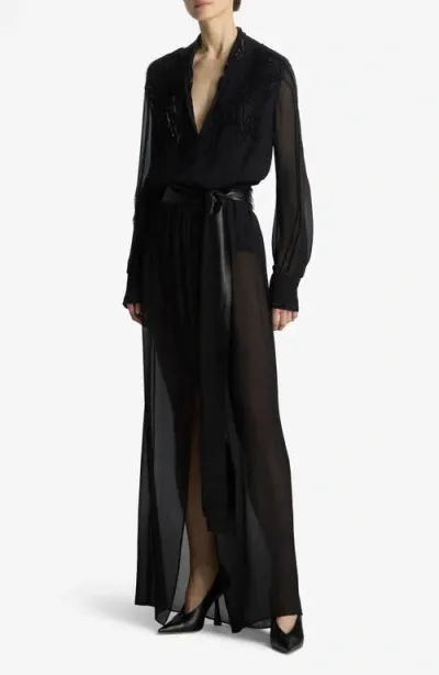 St John St. John Collection Tonal Beaded Long Sleeve Silk Georgette Gown In Black