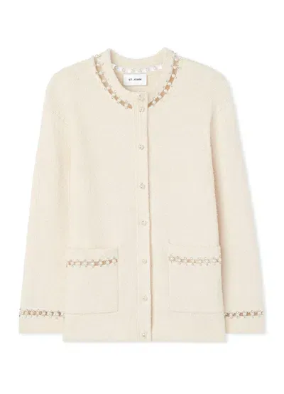 St John Embellished Boucle Cardigan In Ecru