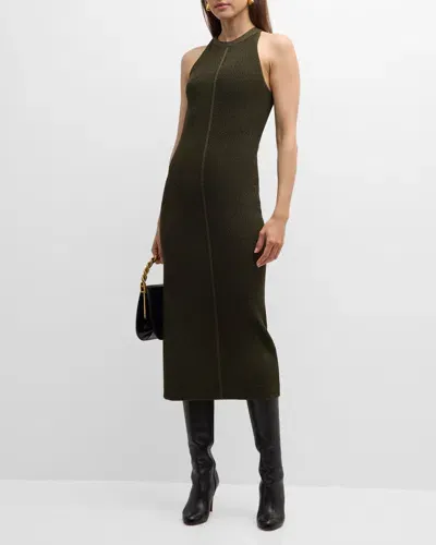 St John Metallic Mesh Knit Halter Midi Dress In Green